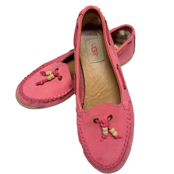 UGG Suzette Moccasin Flats Pink Nubuck Beaded Leather Lace Womens 8.5 Like New - Picture 1 of 10